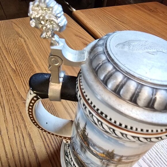 Vintage Fishing Man Ceramic Collectible Beer Stein with Fine Pewter Flip Lid - Picture 3 of 8